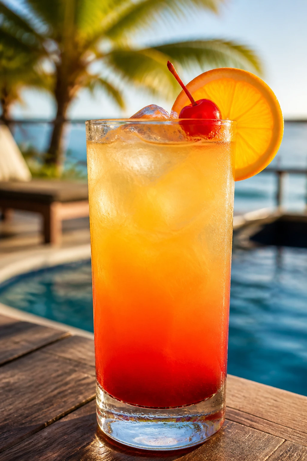 Poolside Malibu Sunrise in a highball glass with orange wheel garnish.