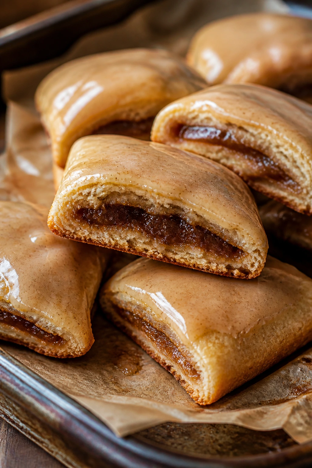 Close-up of Brown Sugar Pop-Tart Bites with glaze on parchment in a warm kitchen
