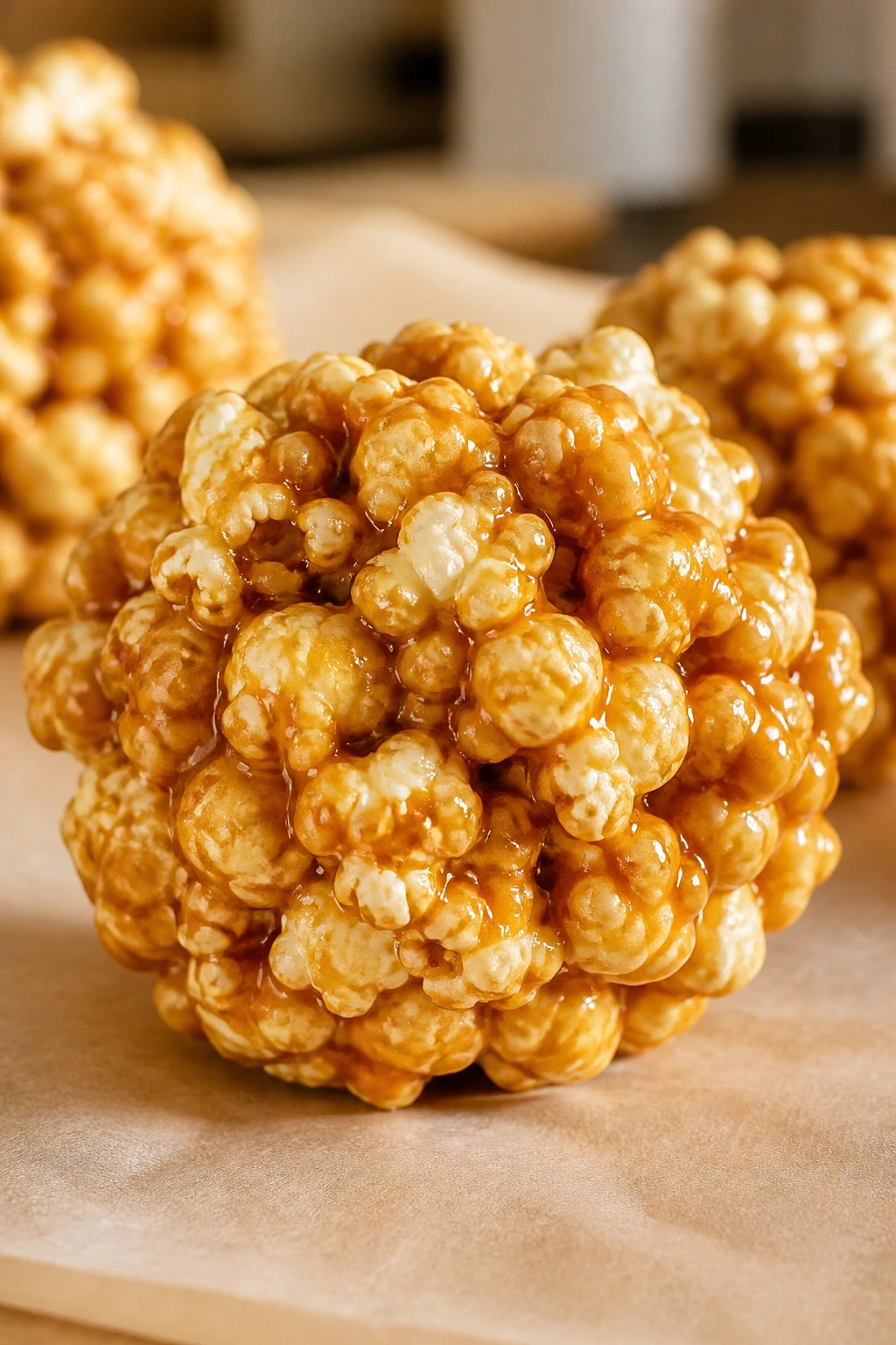 Glossy brown sugar popcorn ball on parchment in a bright kitchen