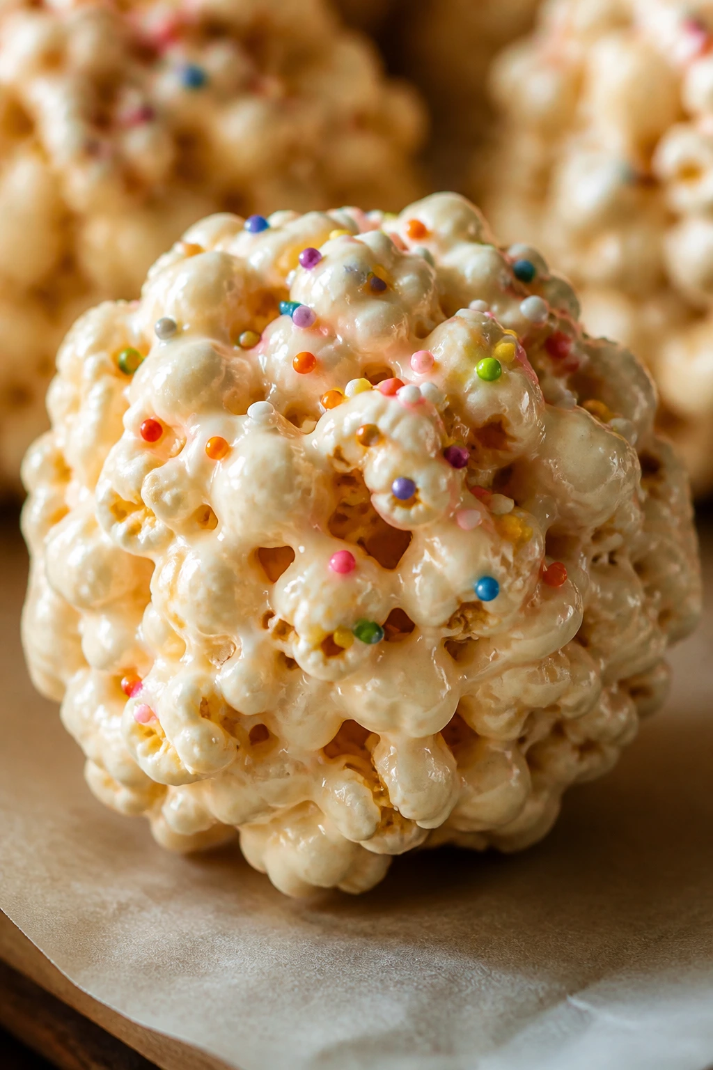 Glossy marshmallow popcorn ball on parchment in a kitchen