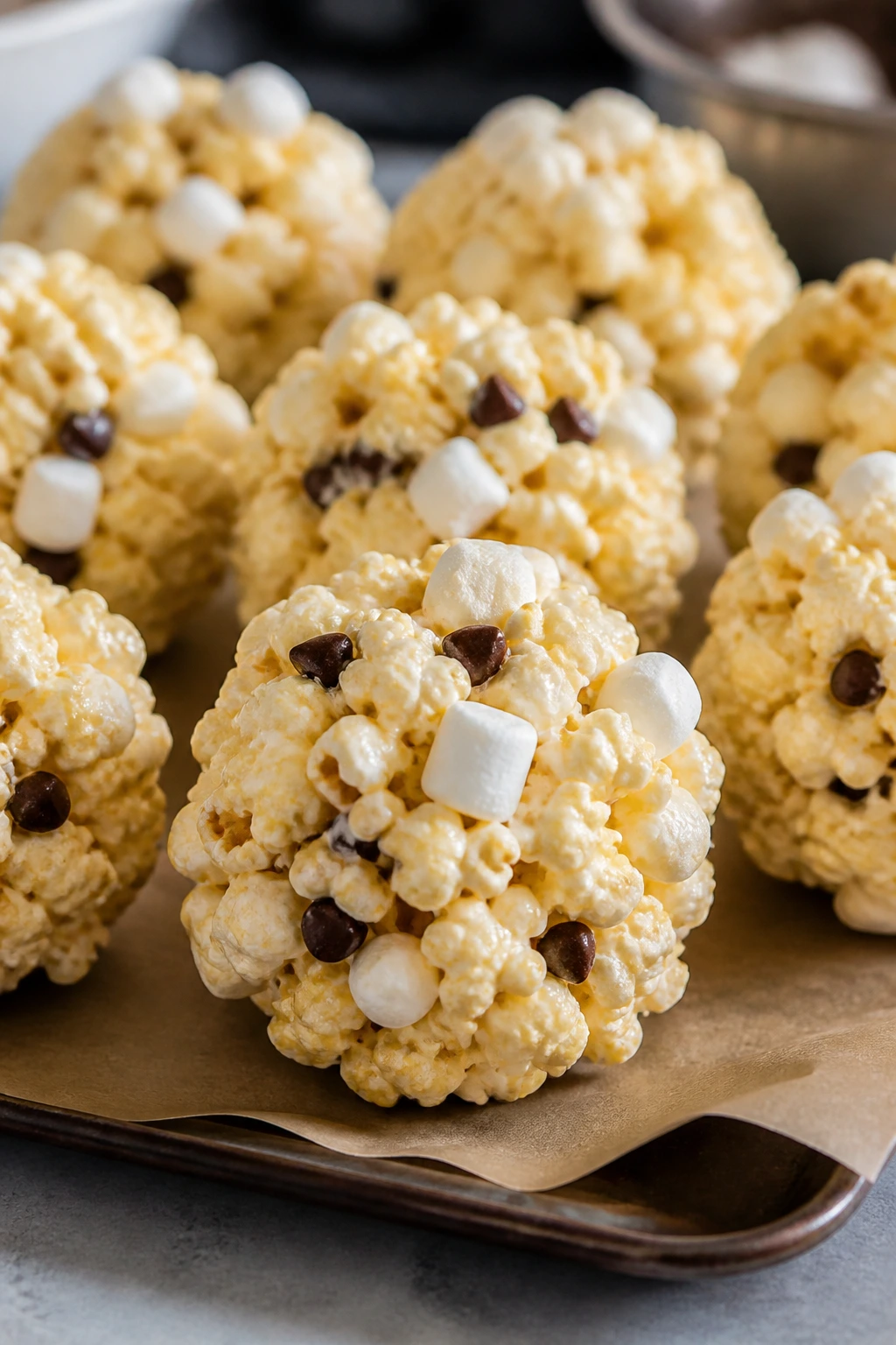 Close-up of marshmallow popcorn balls on parchment-lined tray