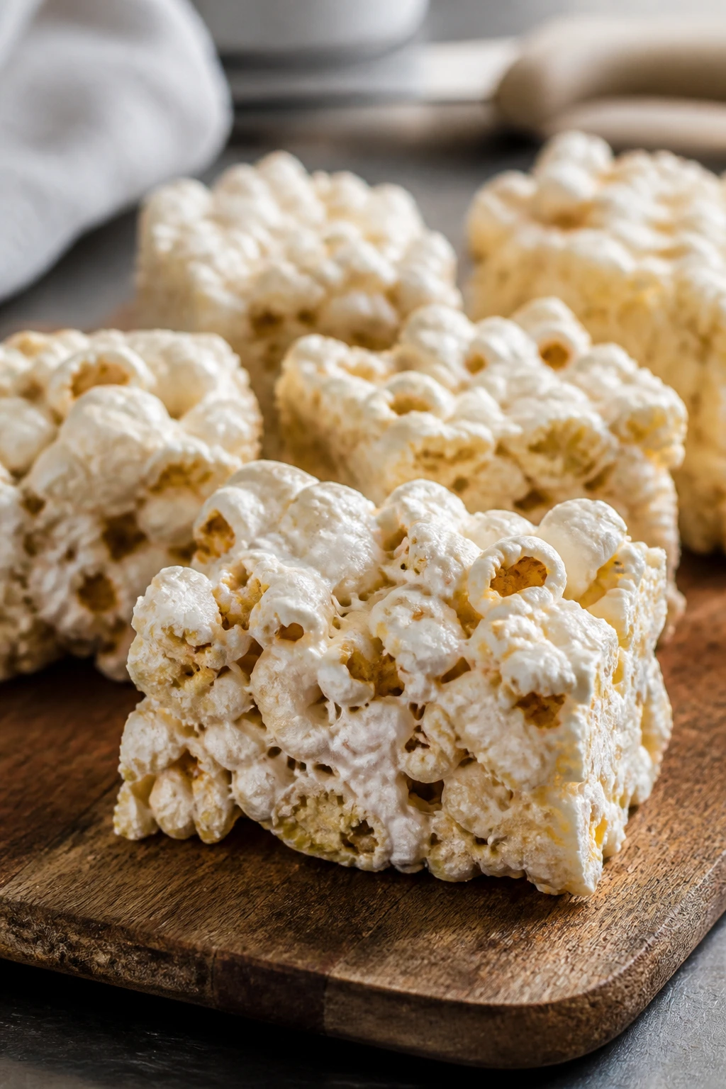 Squares of chewy marshmallow popcorn bars on a wooden board