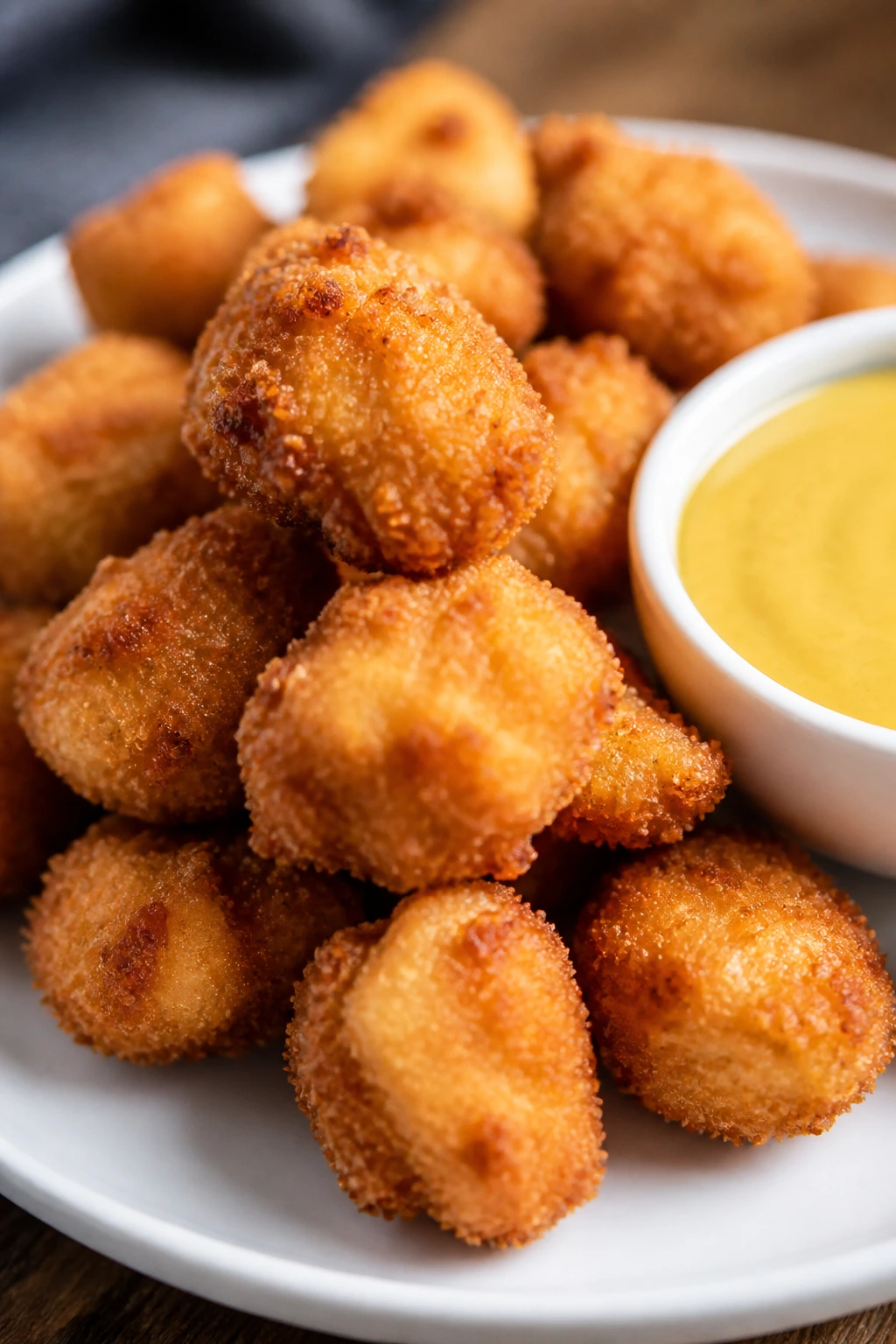 Close-up of crispy popcorn chicken bites with honey mustard dip for family movie night