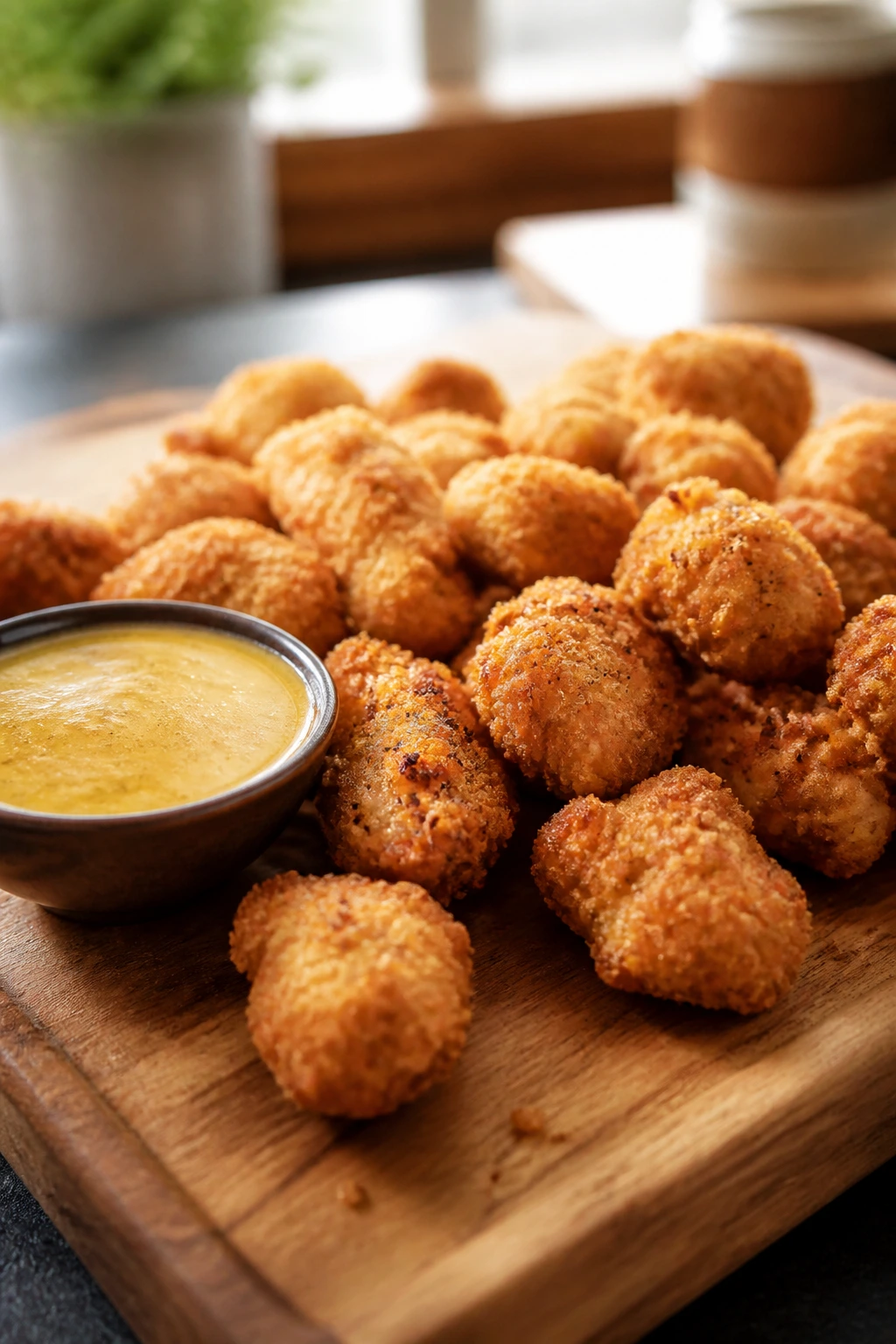 Close-up of crispy popcorn chicken bites with honey mustard dip on a wooden board in a cozy kitchen