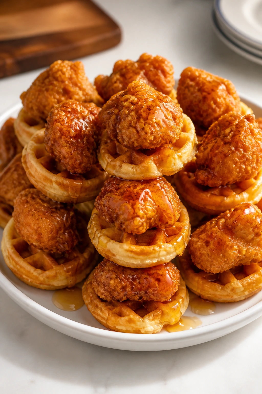 Popcorn chicken and waffle bites on a plate with maple syrup.