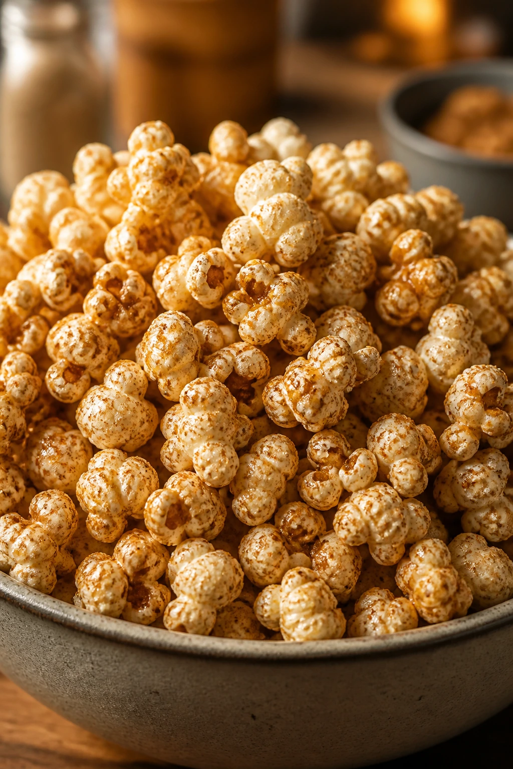 Close-up of cinnamon sugar popcorn in a bowl on a warm kitchen counter