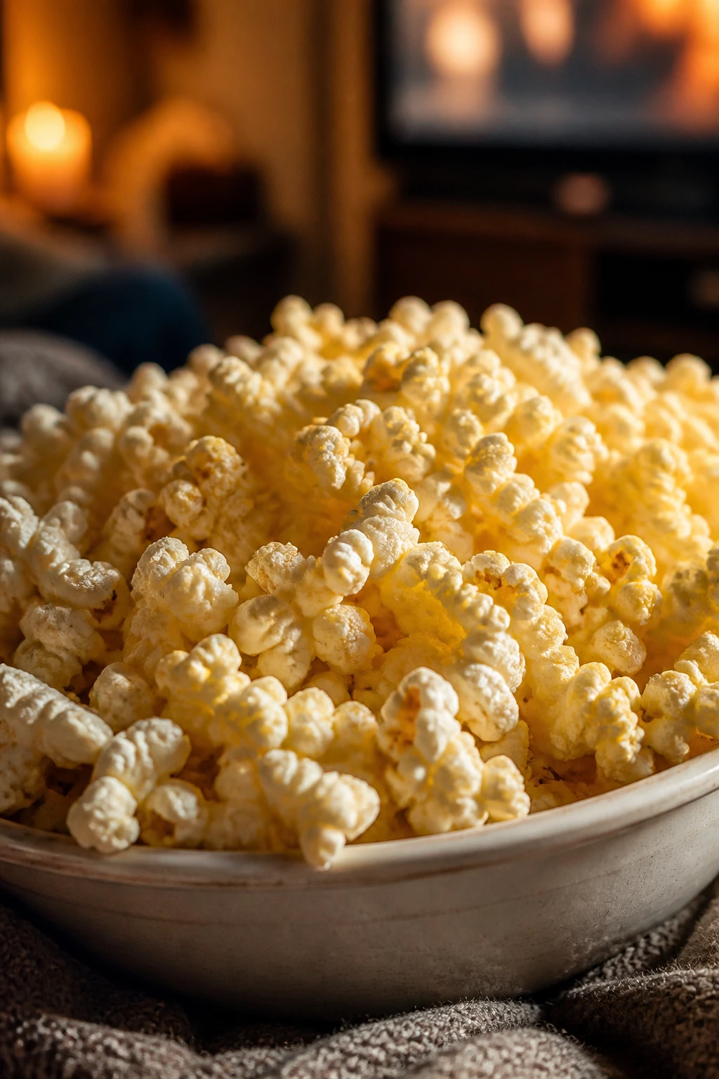 Close-up of buttery movie theater popcorn in a bowl