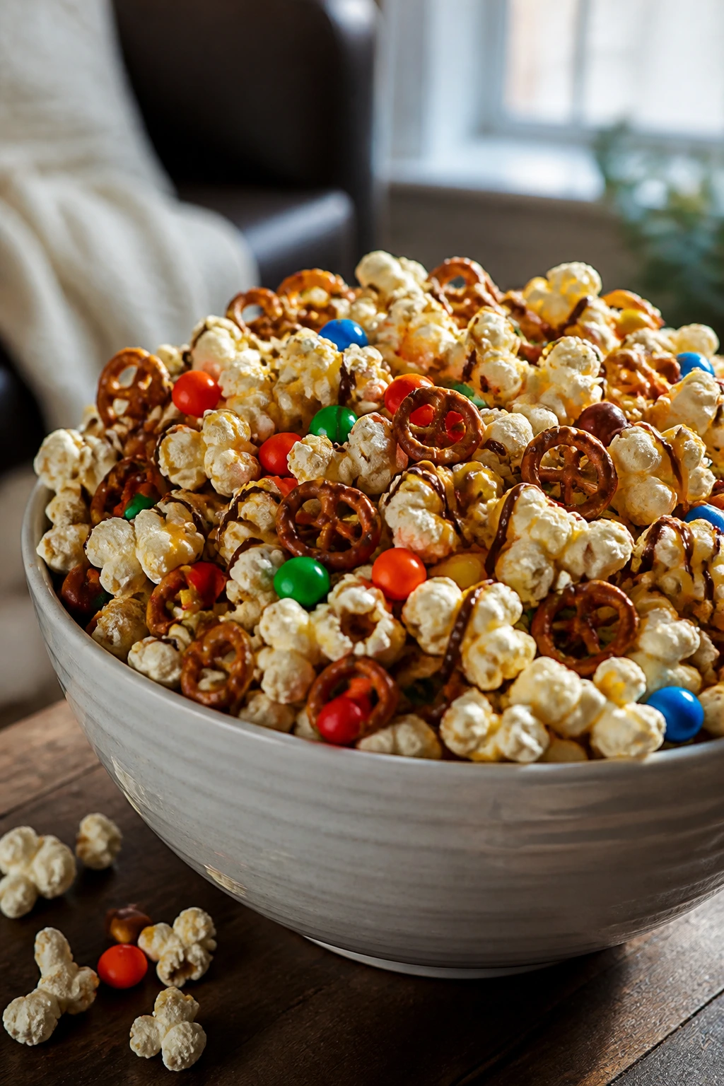 Close-up of sweet and salty popcorn mix in a bowl