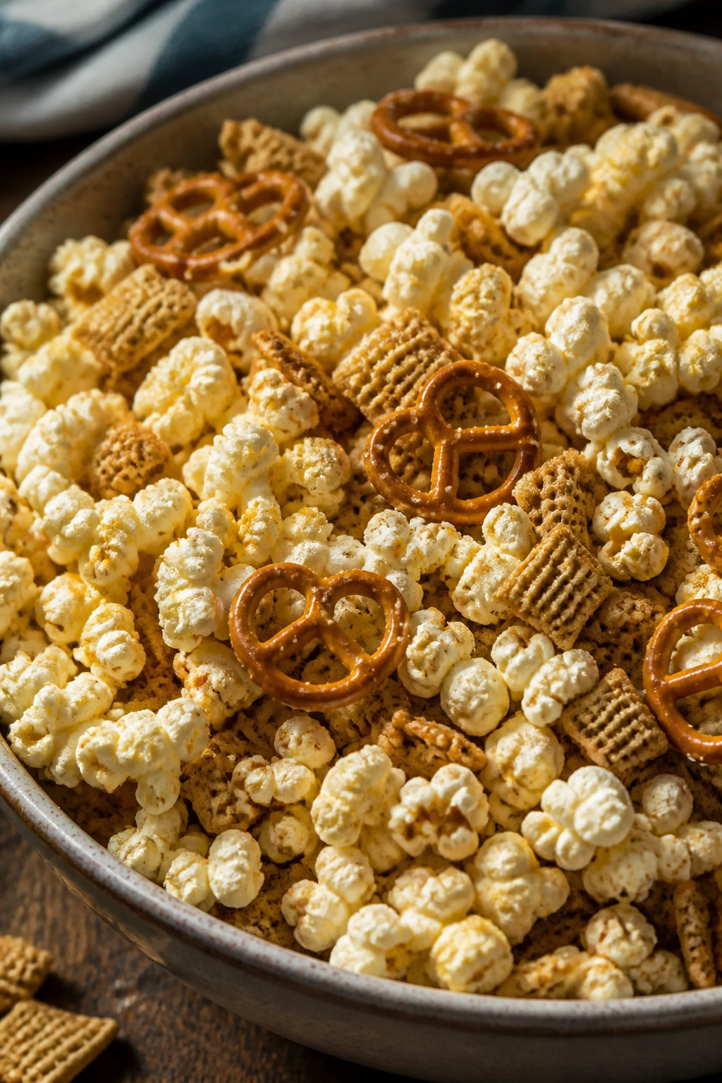 Bowl of salted popcorn party mix with pretzels and cereal