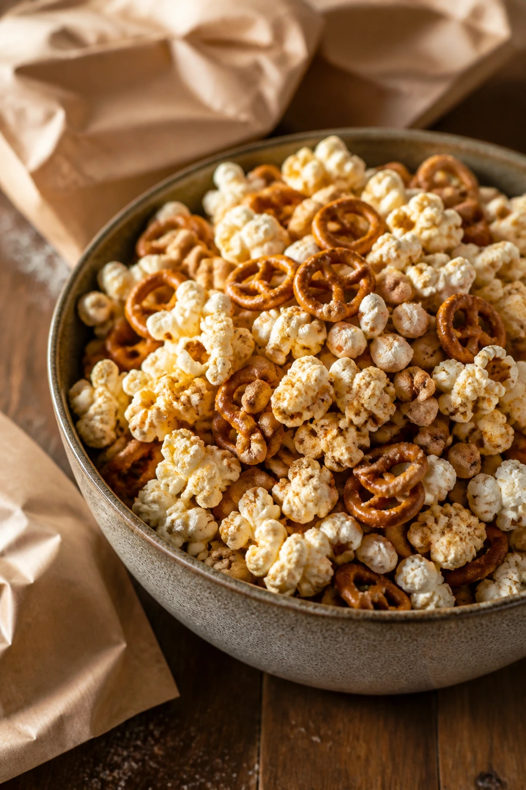 Popcorn snack mix in a bowl with paper bags nearby