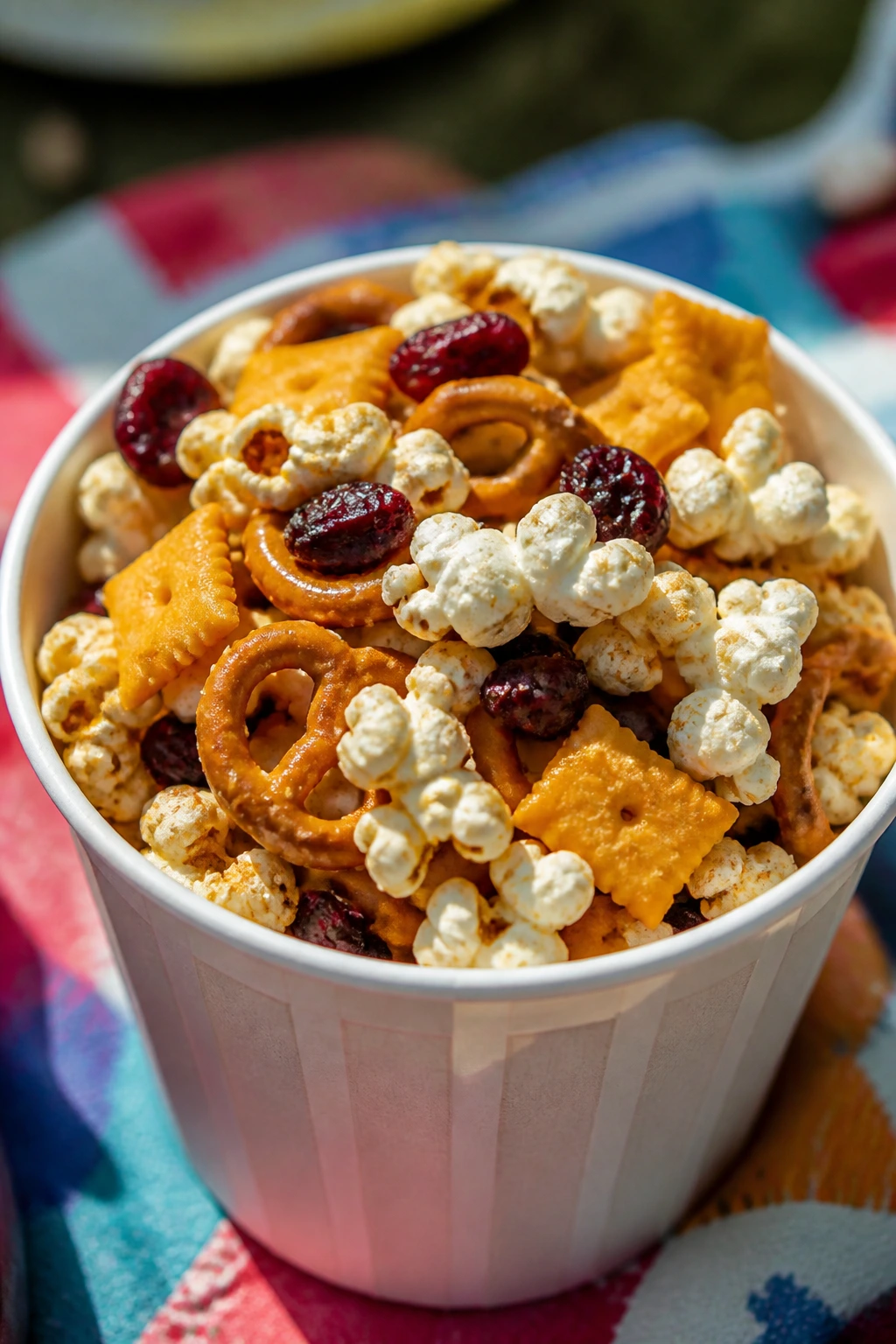 Close-up of popcorn snack mix with pretzels and cranberries in a cup on a picnic blanket