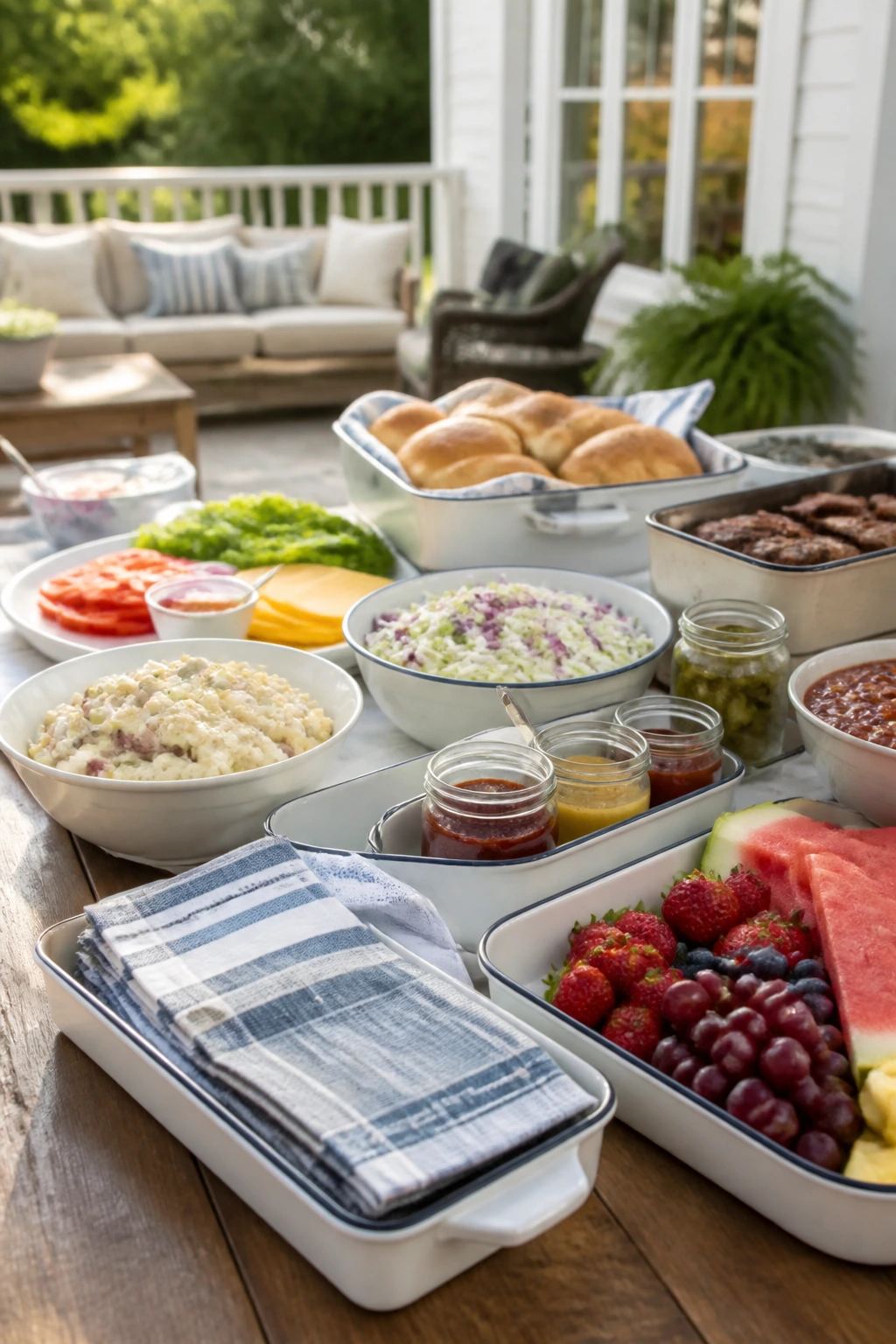 Porch-host outdoor cookout spread with matching trays