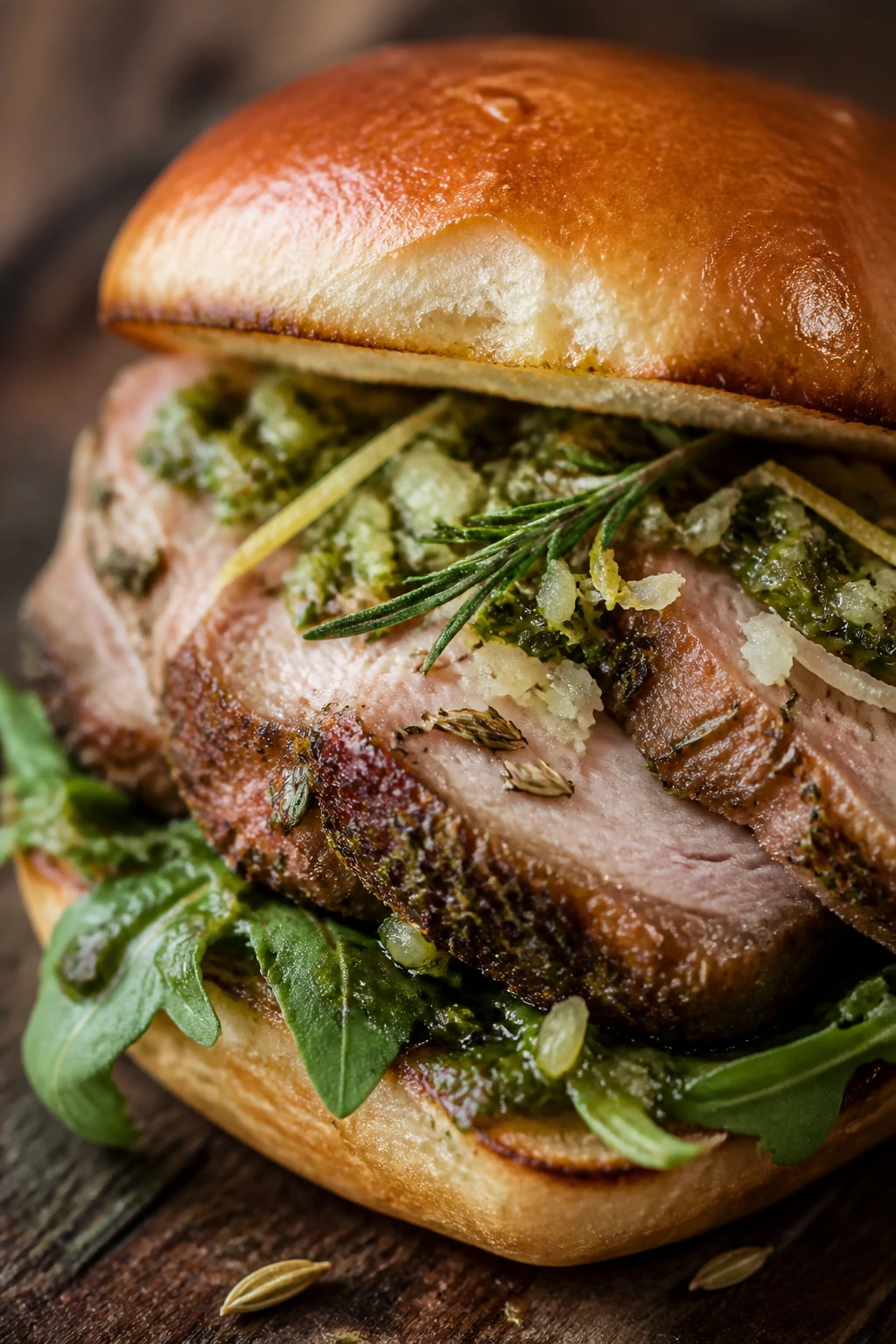 Close-up of porchetta slider with herbs and salsa verde on wooden board