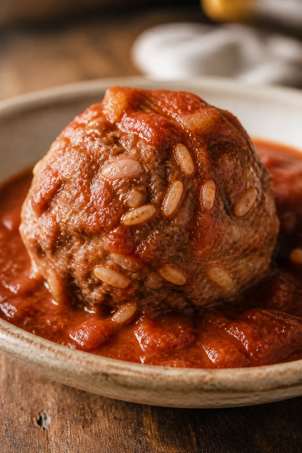 Close-up of a porcupine meatball with rice peeking through in tomato sauce