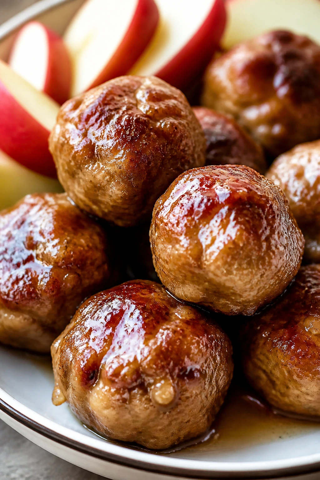 Pork and apple meatballs on a plate with glaze in warm kitchen lighting.