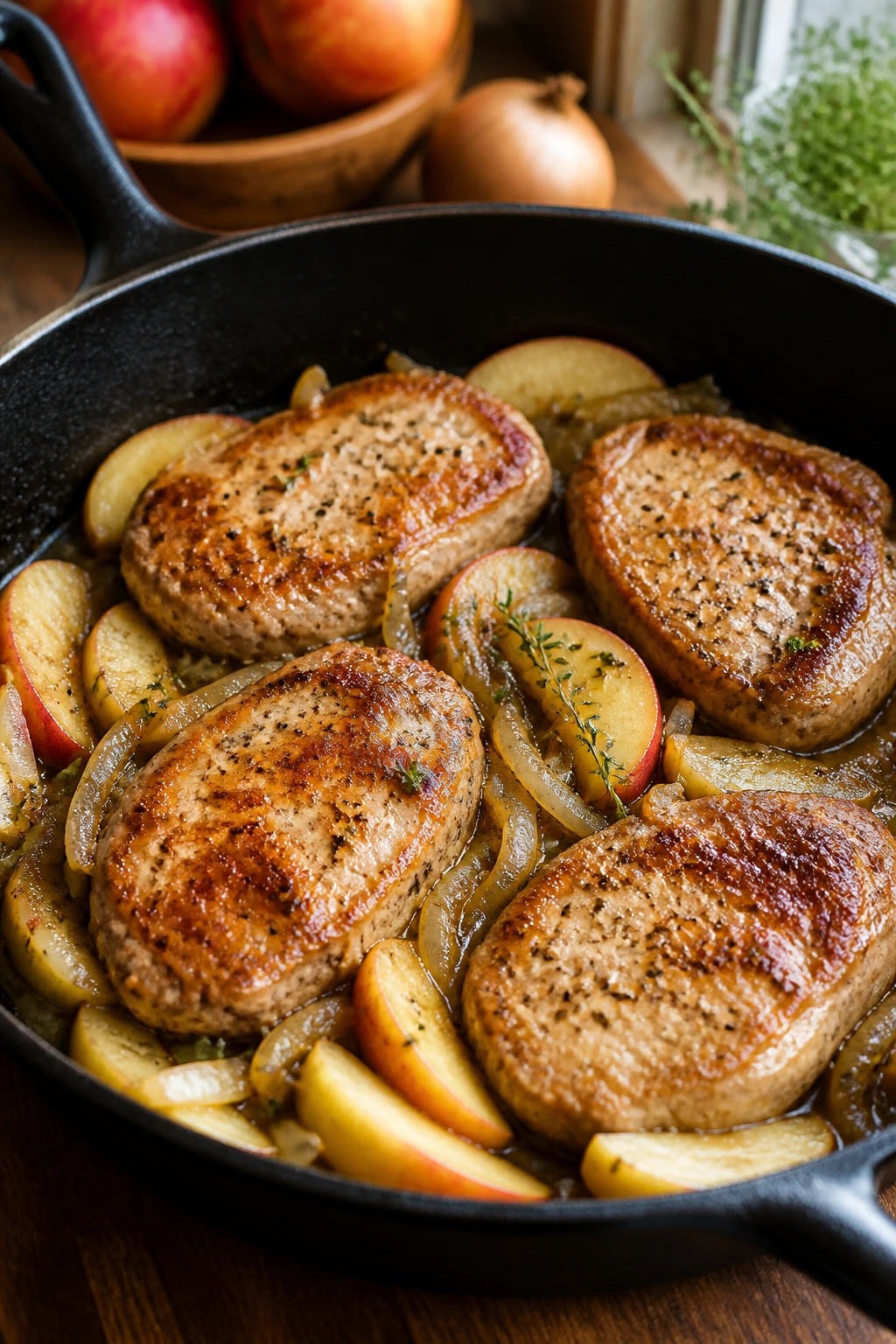 Close-up of pork chops with apples and onions in a skillet with a glossy pan sauce.