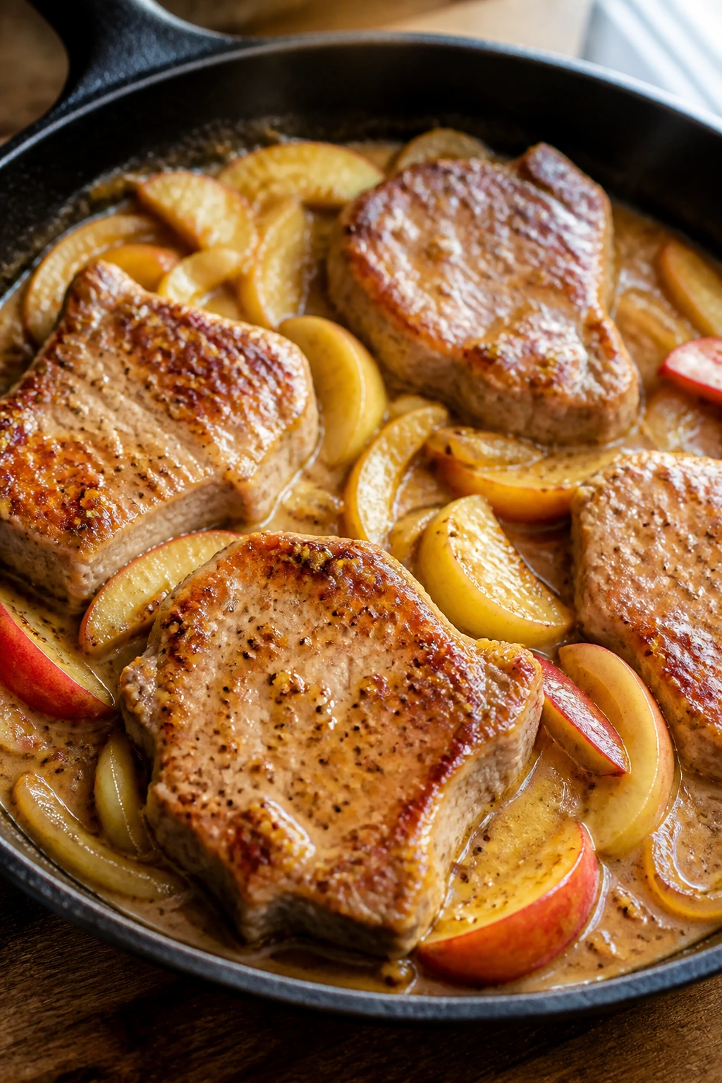 Close-up pork chops with apples in Dijon glaze in skillet.