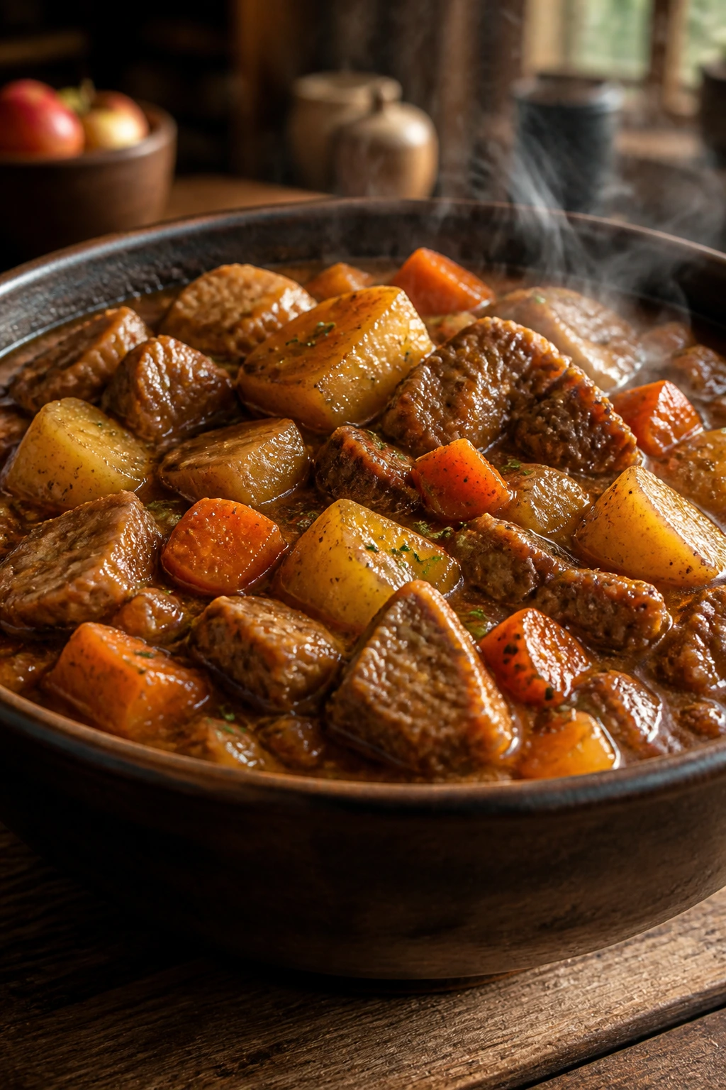 Close-up of pork and apple stew in a bowl with pork chunks and apples