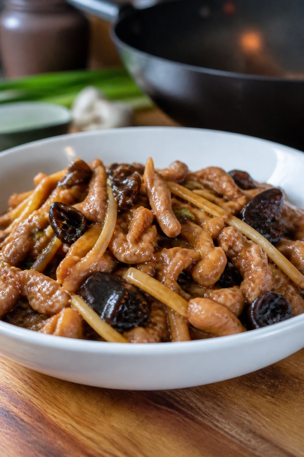 Glossy shredded pork with bamboo shoots and wood ear in a white bowl