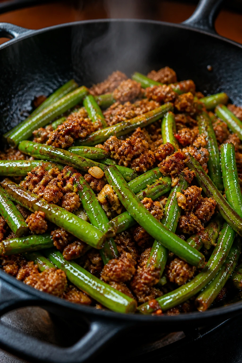 Close-up of spicy ground pork and green beans in a glossy stir-fry