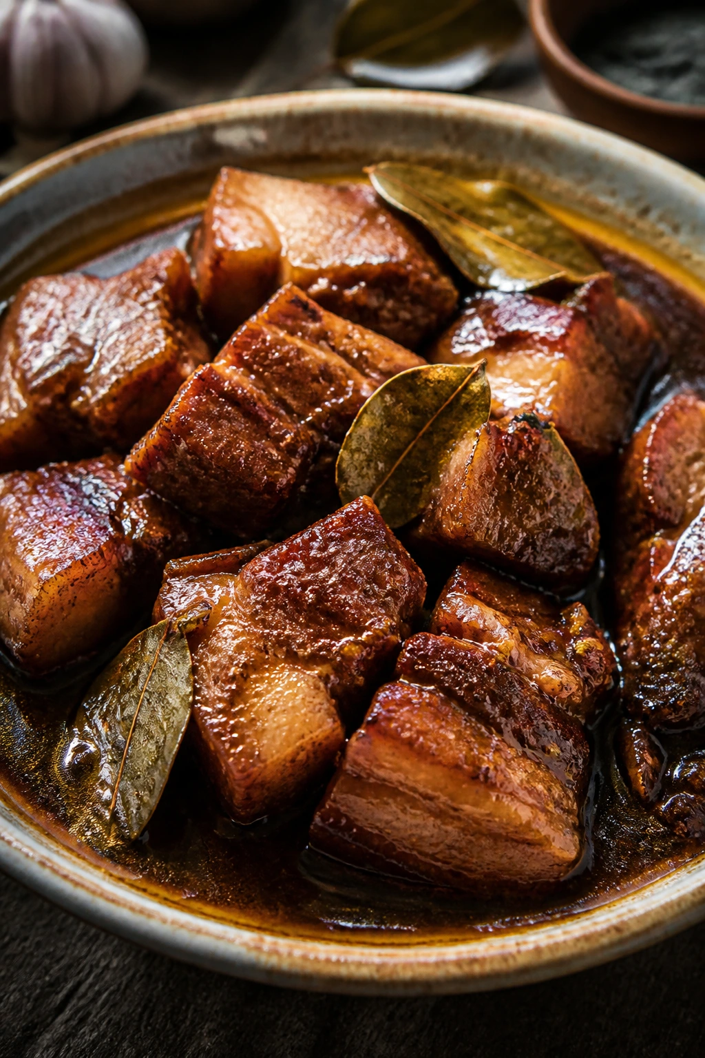Close-up of pork belly adobo in vinegar sauce with bay leaves