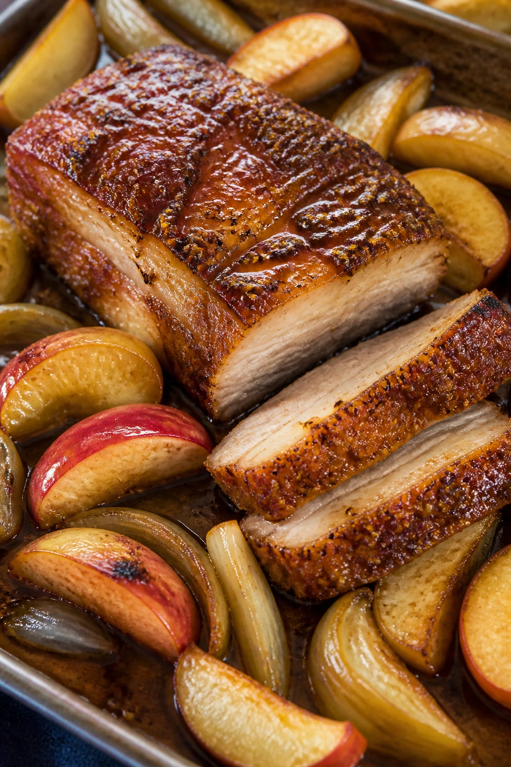Maple-mustard pork belly with roasted apples and onions