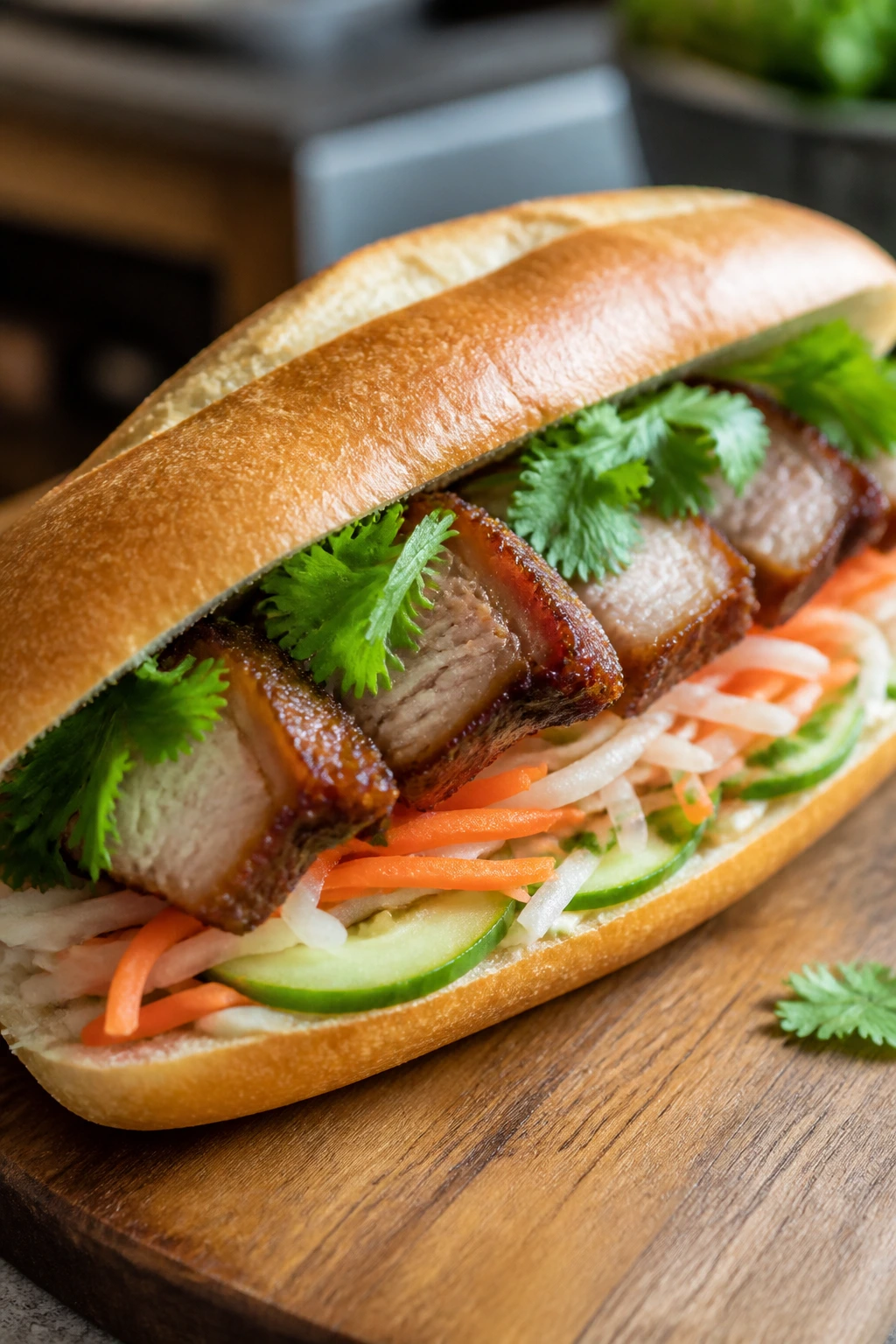 Close-up of Pork Belly Banh Mi with Pickled Carrots