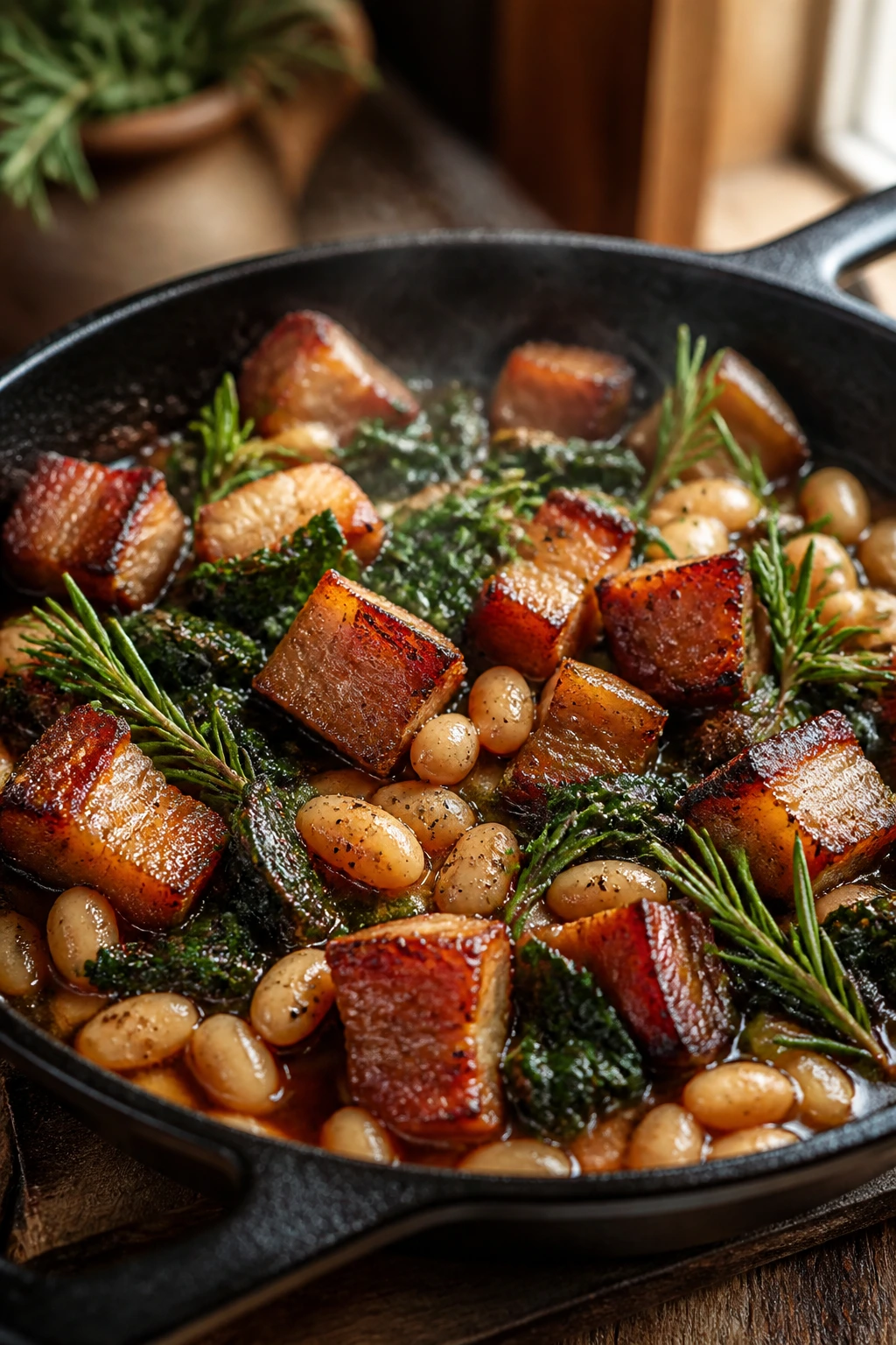 Close-up of pork belly with white beans and kale in a rosemary skillet