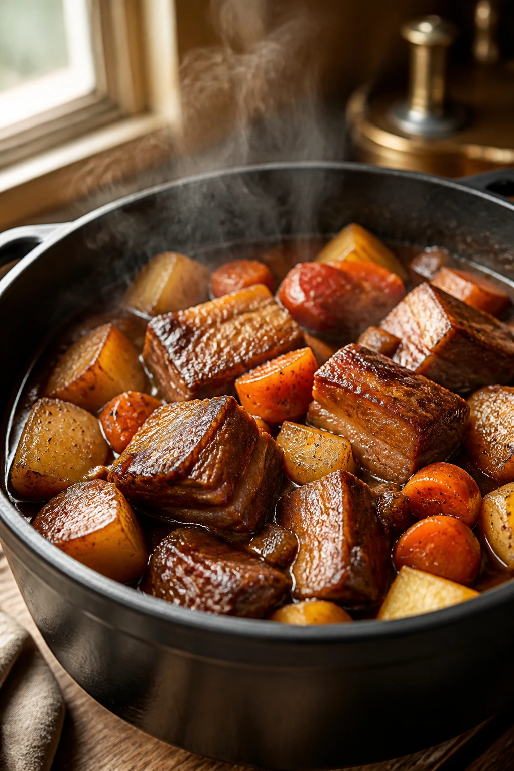 Beer-braised pork belly with potatoes and carrots in a Dutch oven