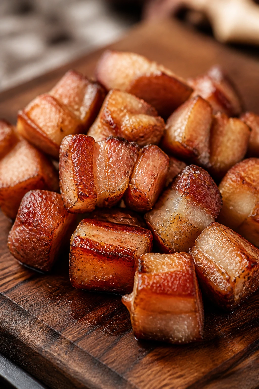 Close-up of crispy pork belly bites on a wooden board with crisp edges