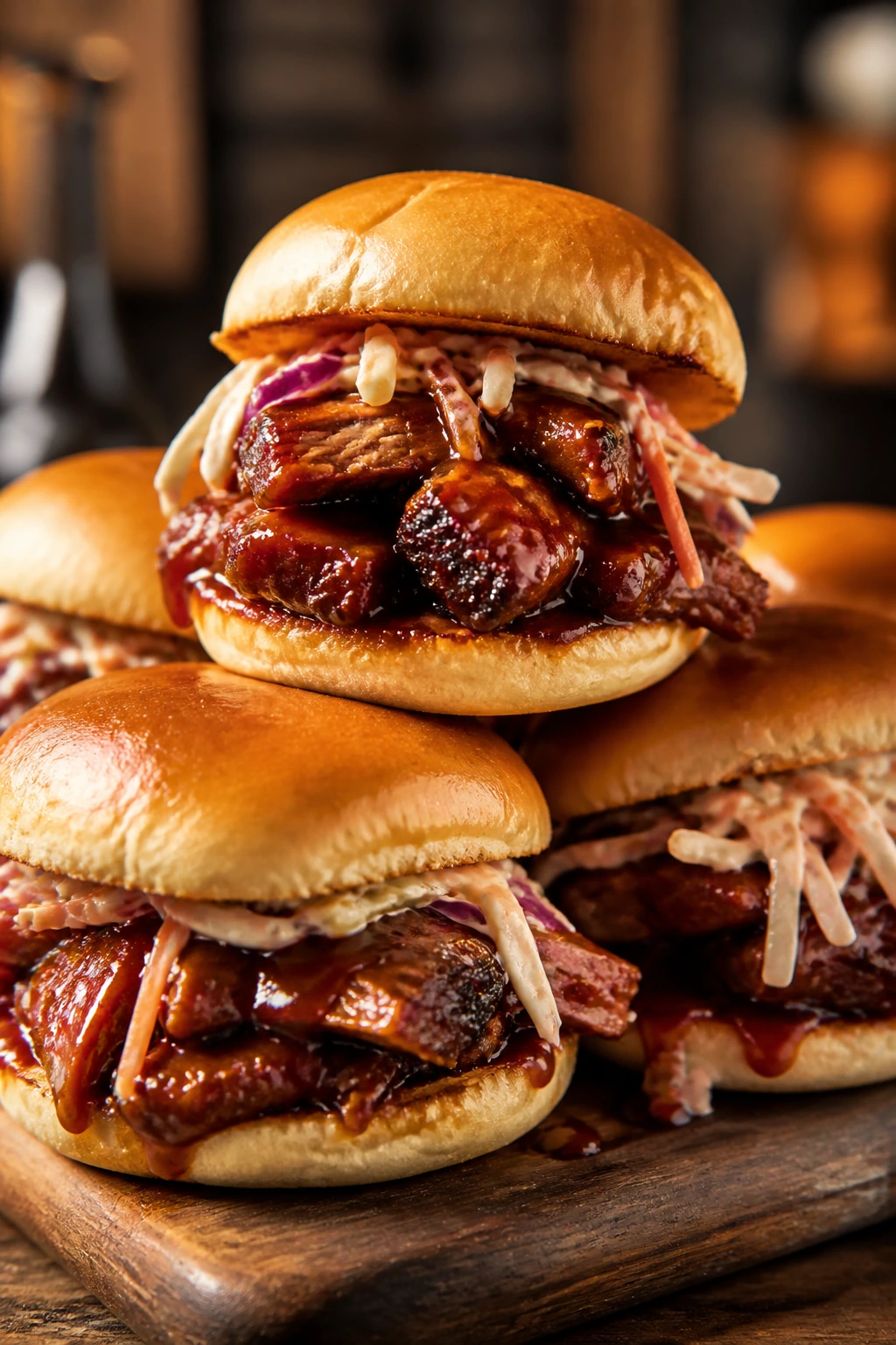 Pork belly sliders on a wooden board