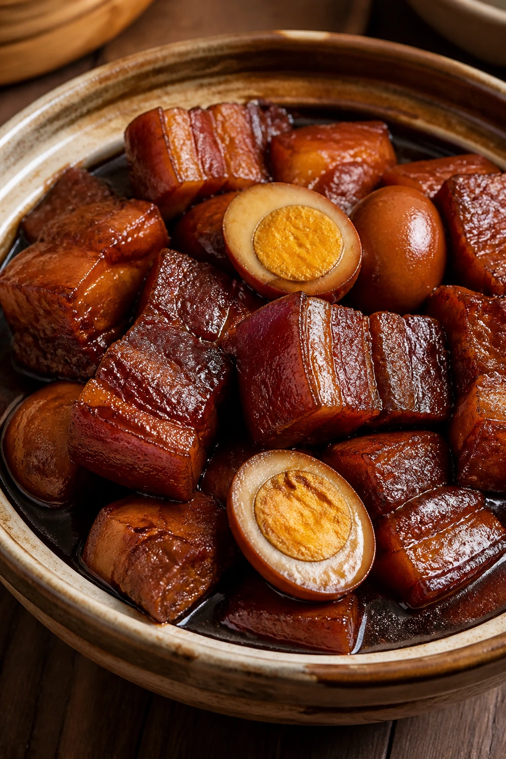 Close-up of glossy red-braised pork belly with eggs in mahogany sauce