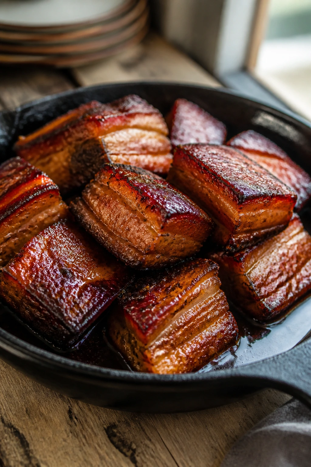 Close-up of smoked paprika beer-braised pork belly in a skillet on a wooden table