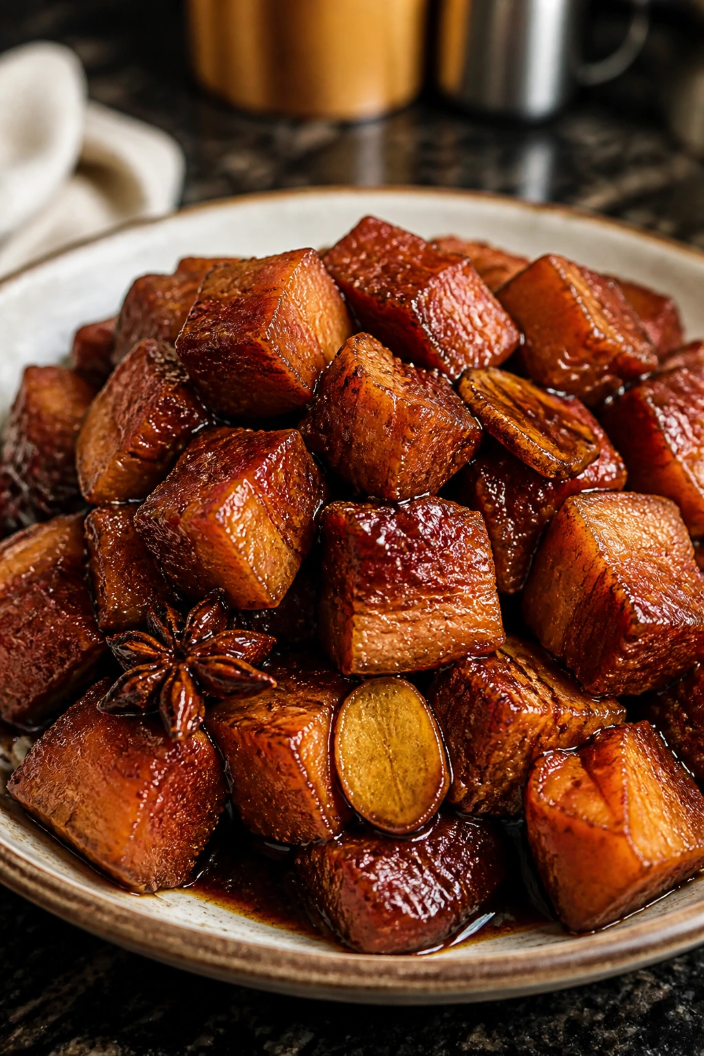 Pork belly in caramel glaze with star anise and ginger.