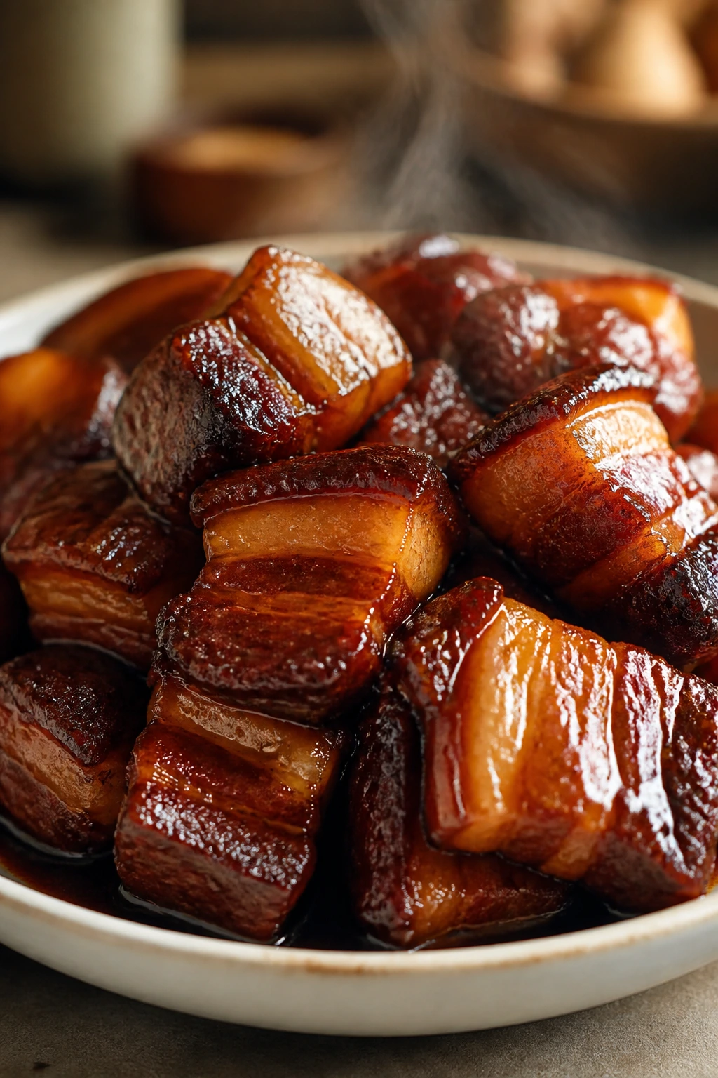 Braised pork belly in glossy sauce on plate