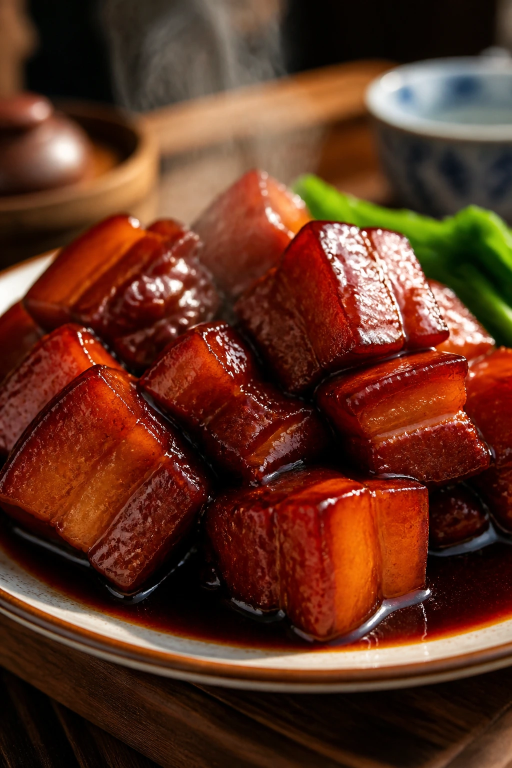 Lacquered red-braised pork belly in glossy sauce on a plate