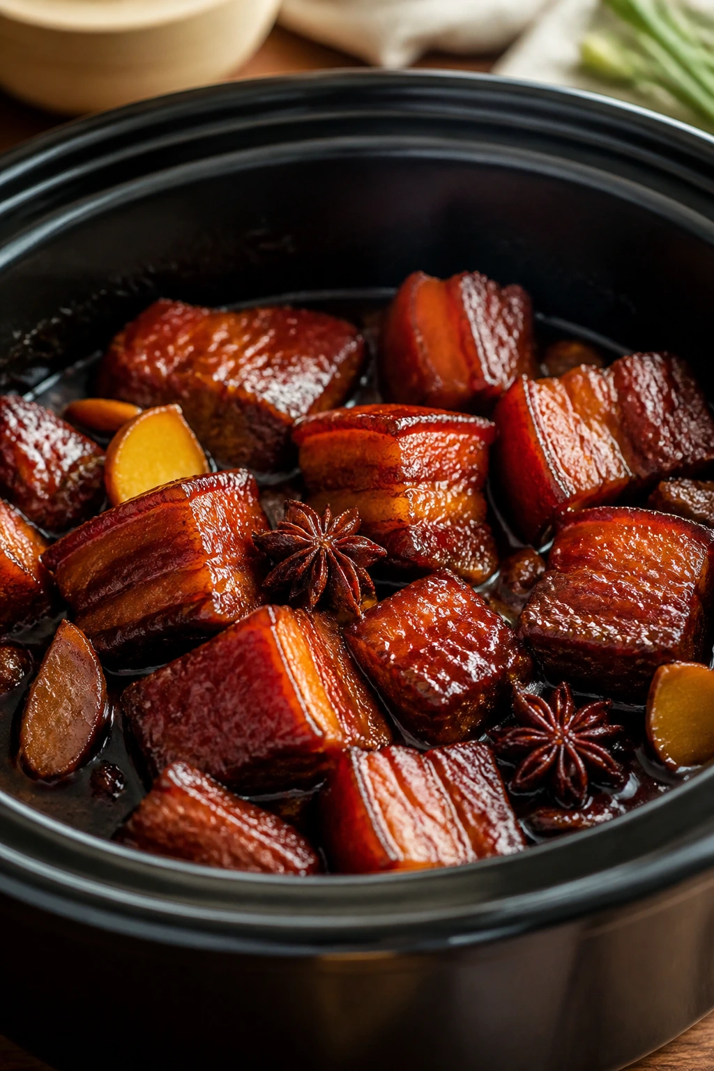Close-up of Shanghai-Style Braised Pork Belly in braising liquid