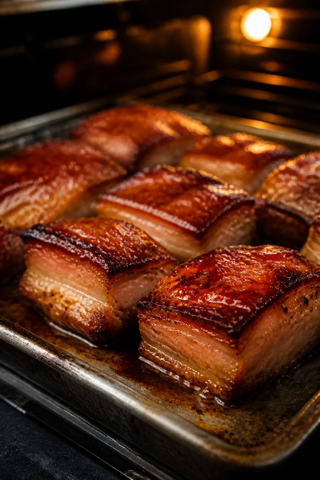 Pork belly with bronzed lacquered edges on sheet pan under broiler