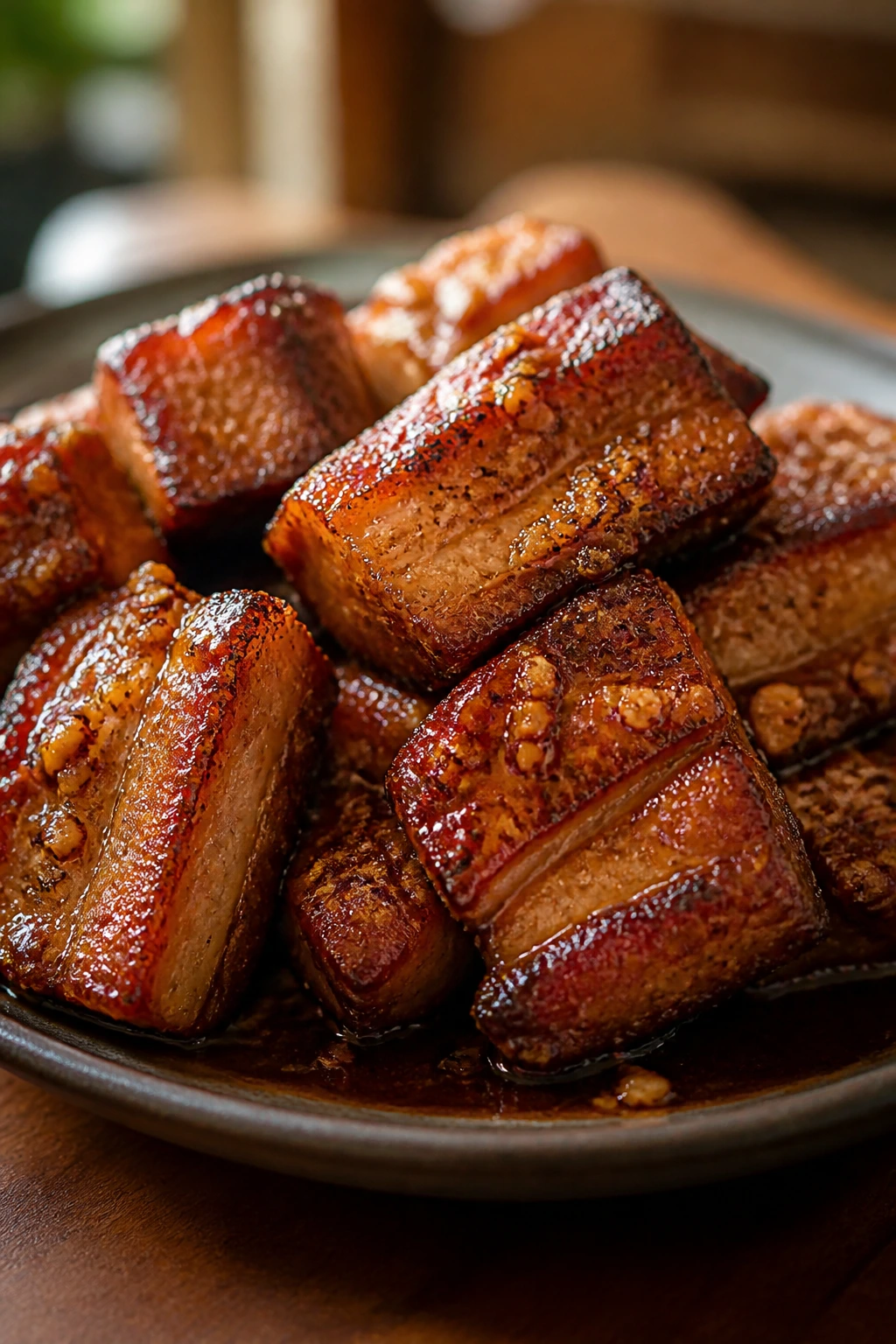 Bronzed pork belly chunks with brown sugar garlic glaze on a dark plate