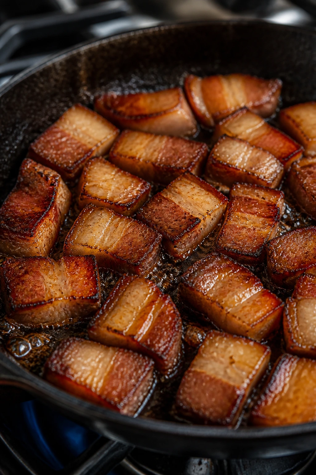 Close-up of pork belly browning in cast-iron skillet with rendered fat and bronze edges