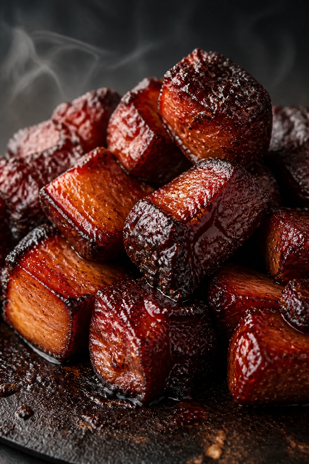 Close-up of pork belly burnt ends with glaze and bark.