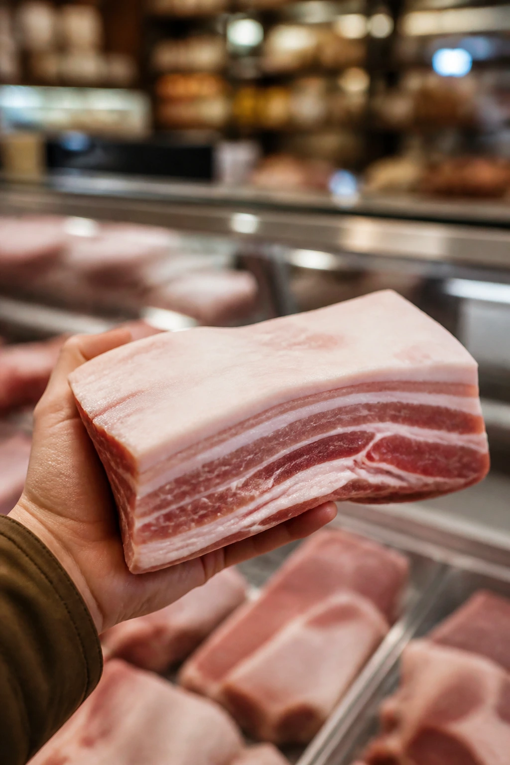 Pork belly slab with visible marbling at a butcher counter