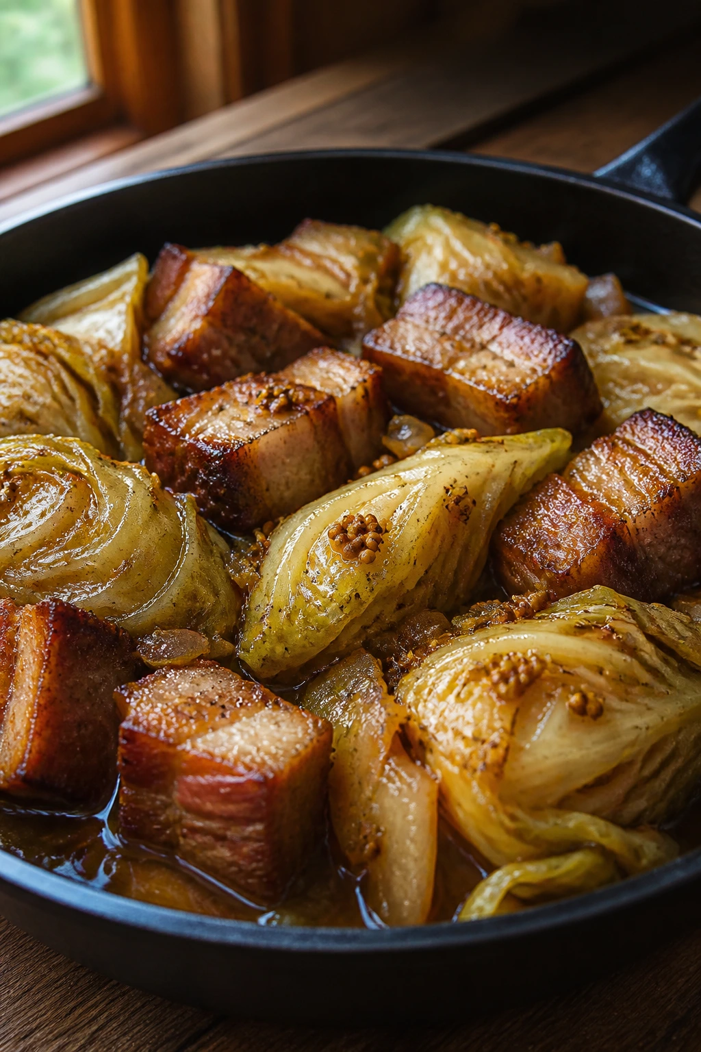 Close-up of braised pork belly with cabbage and mustard seeds