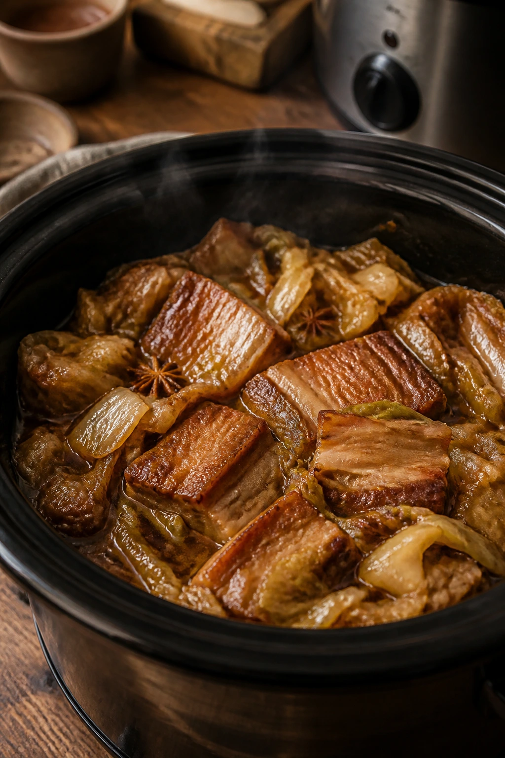 Close-up of Crockpot Braised Cabbage with Pork Belly in a glossy soy-ginger braise, cozy kitchen setting