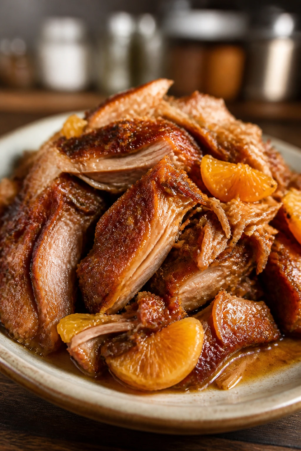 Close-up of Pork Belly Carnitas with Orange and Cumin