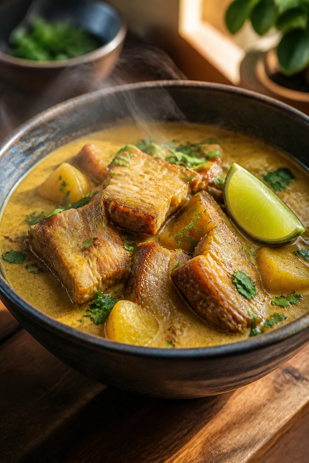 Close-up of Pork Belly Curry with Coconut Milk and Lime