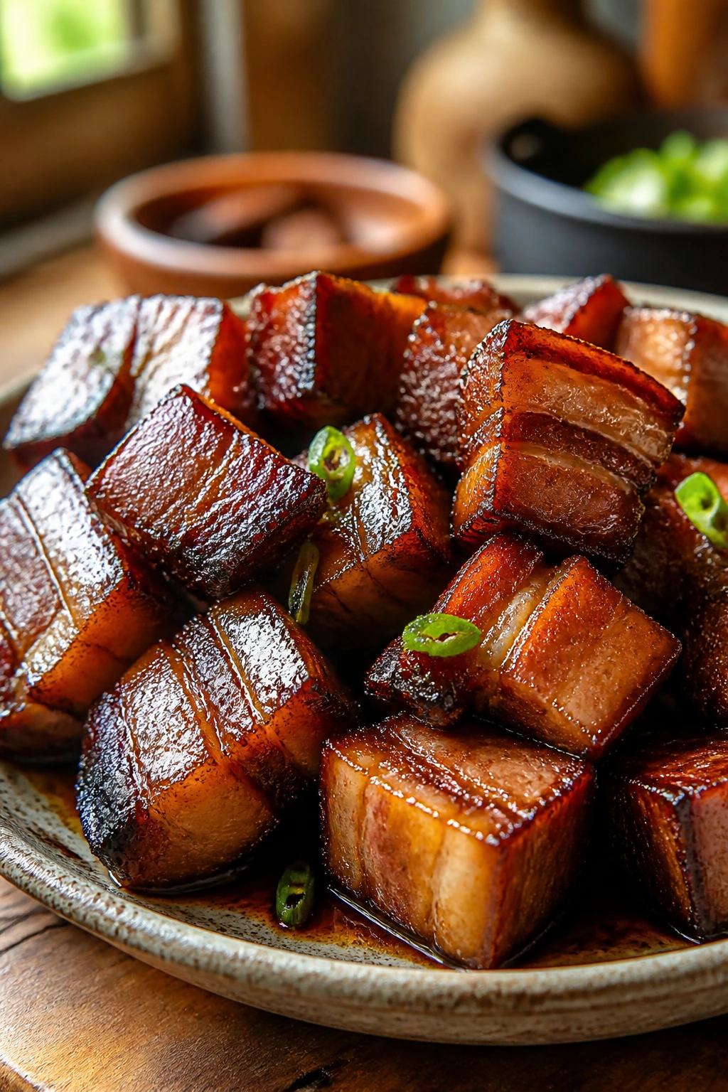 Close-up of glossy pork belly chunks on a rustic plate in a warm kitchen