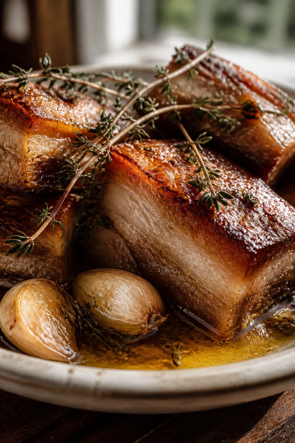 Pork belly confit with garlic and thyme on a plate