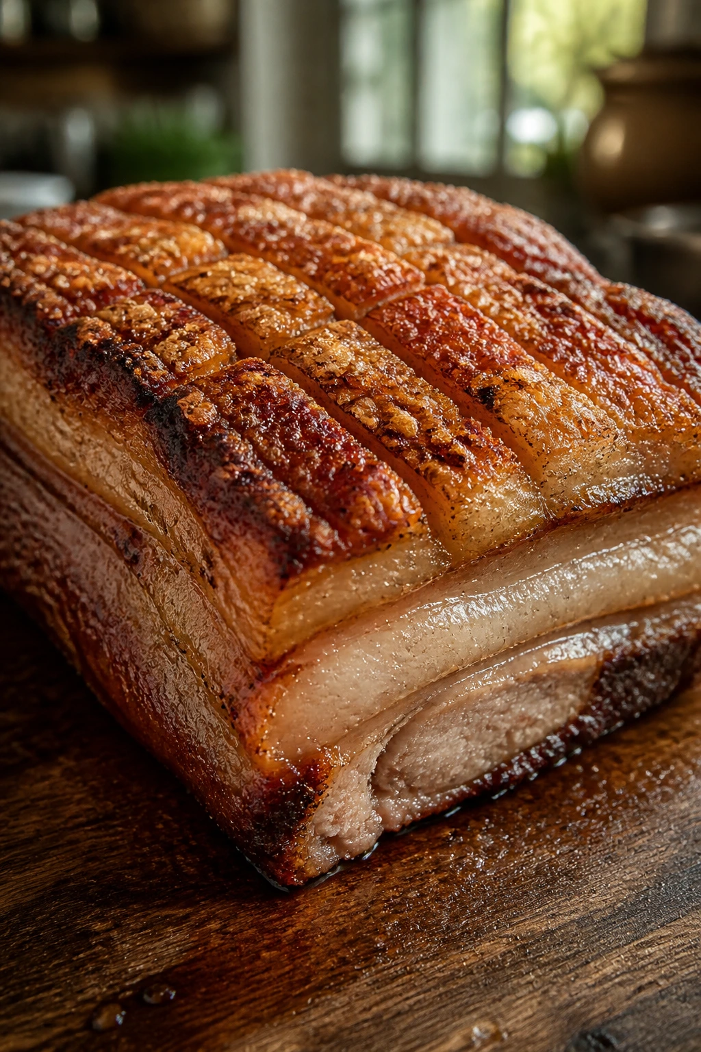 Close-up of crispy pork belly on a wooden cutting board, Sunday supper vibe