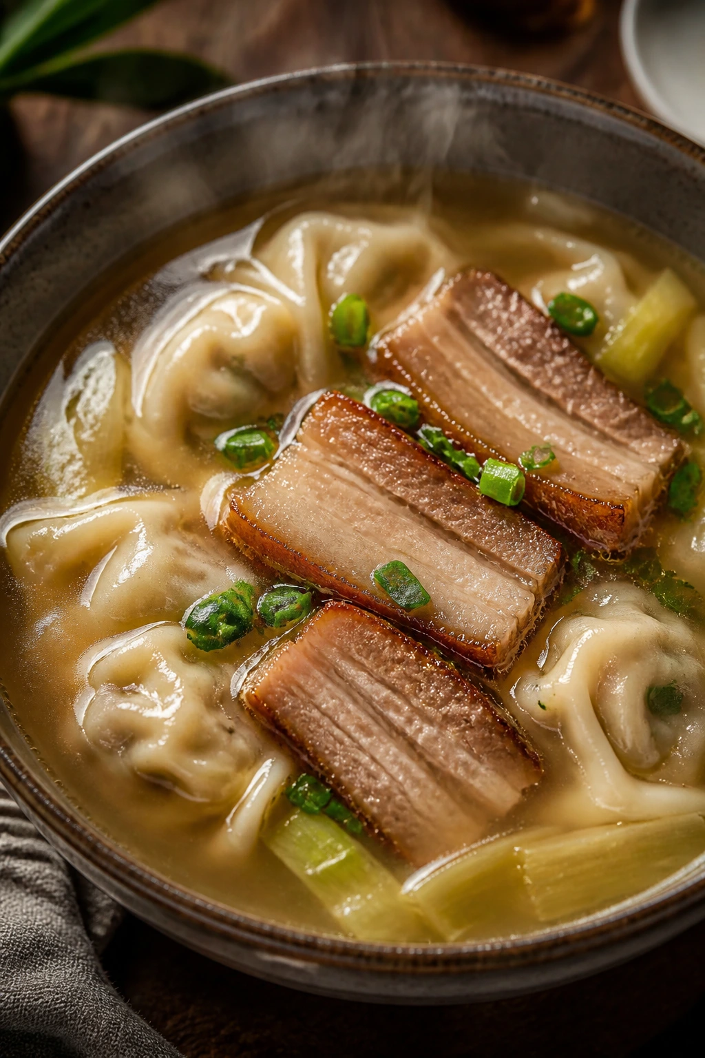 Deep bowl of pork belly, dumplings, and ginger broth